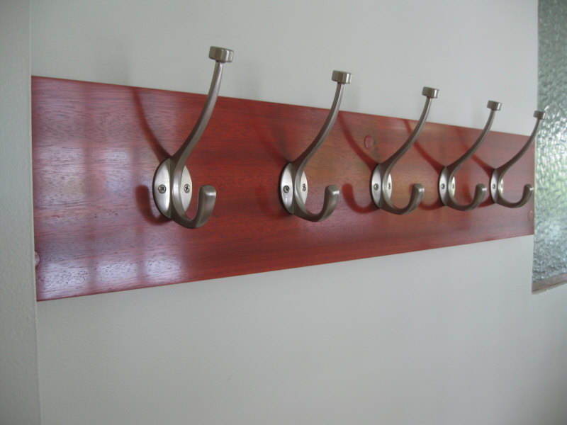 Bloodwood coat rack with nickel pilltop coat hooks